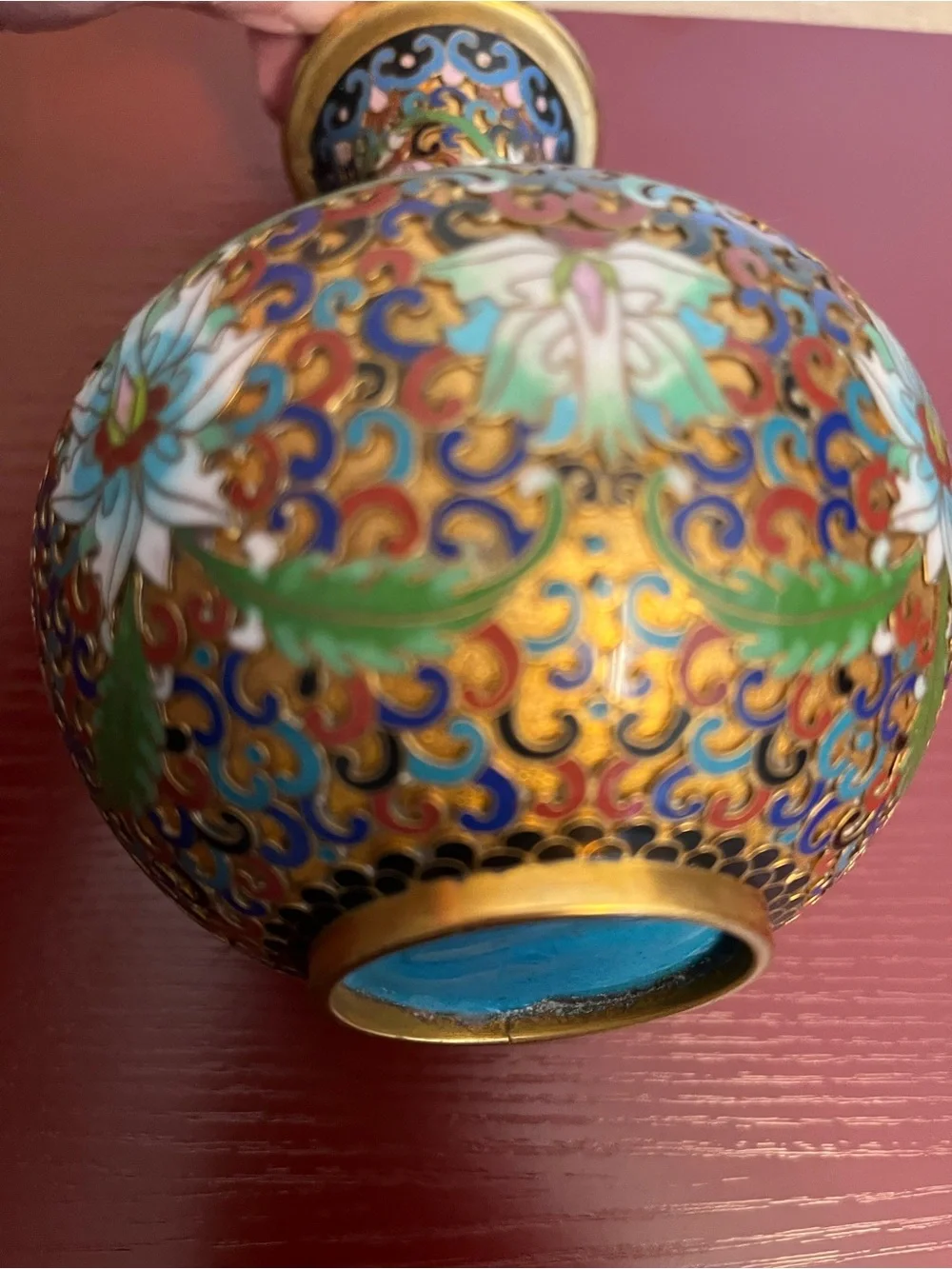 Vintage Chinese Cloisonné 6-Inch Brass Vase Intricate Lotus Flower & Swirl Motif